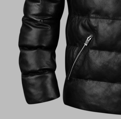 Hooded Black Down Leather jacket
