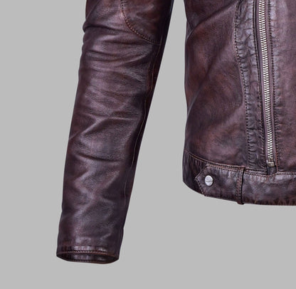 Distressed Burgundy Leather Jacket for Men