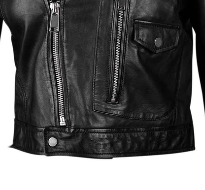 Black Cropped Biker Leather Jacket For Women