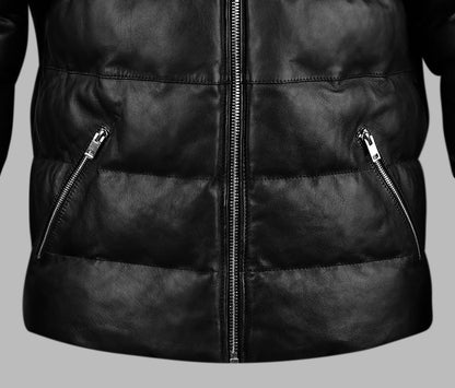 Hooded Black Down Leather jacket