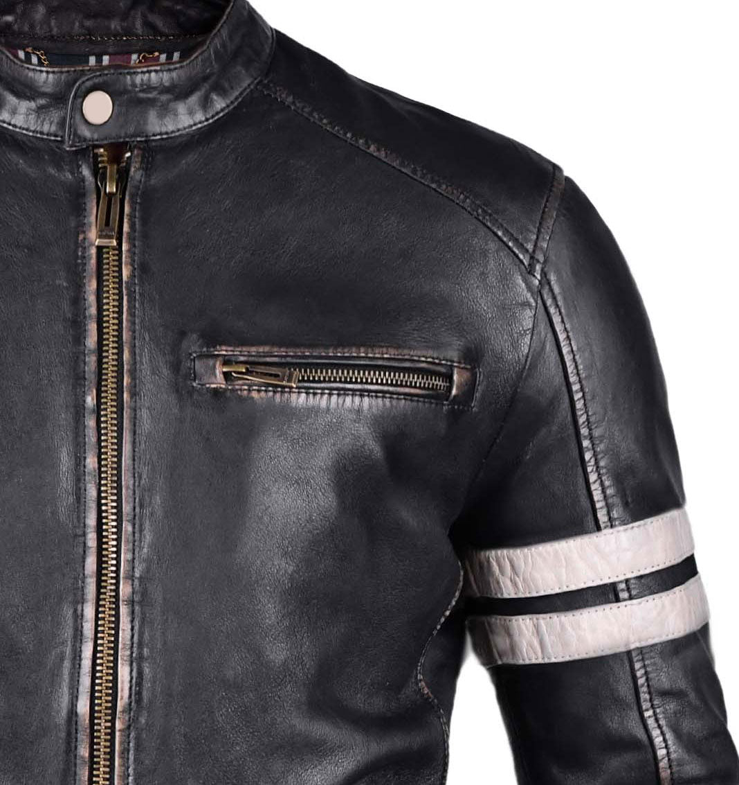 Black and white  Biker Leather Jacket with Stripe