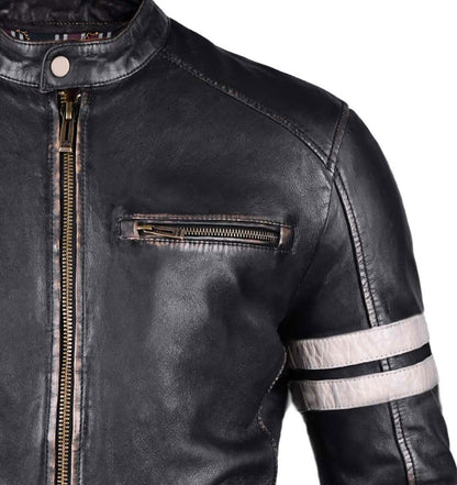 Black and white  Biker Leather Jacket with Stripe