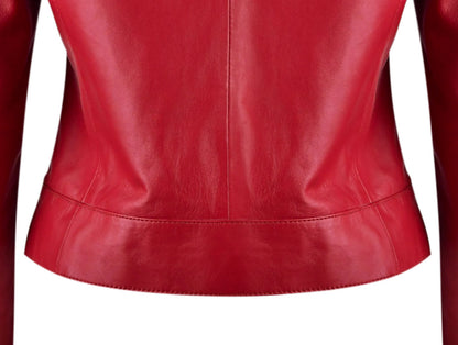 Red Classsic Biker Leather Jacket For Womens