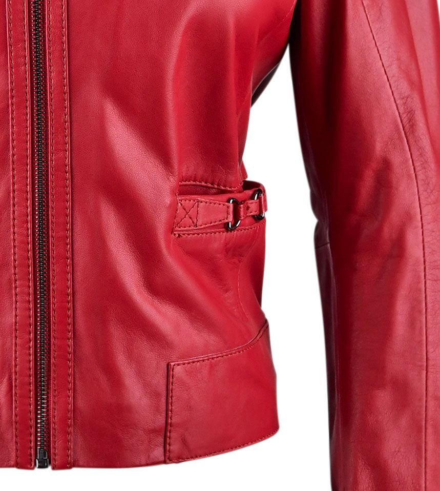 Red Classsic Biker Leather Jacket For Womens