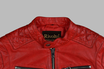 Red leather biker jacket For Womens