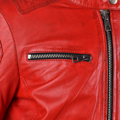 Red leather biker jacket For Womens