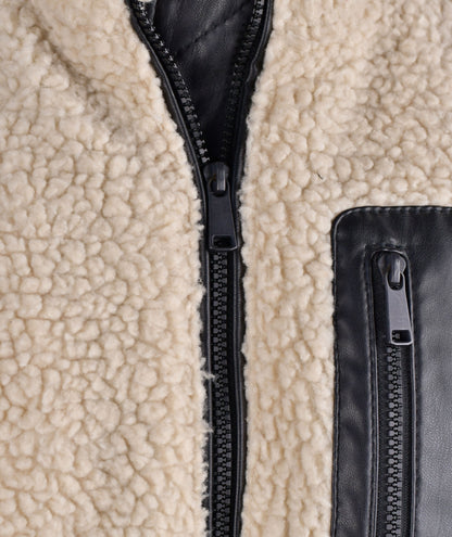 Sherpa Fleece Jacket with Black Leather Sleeves