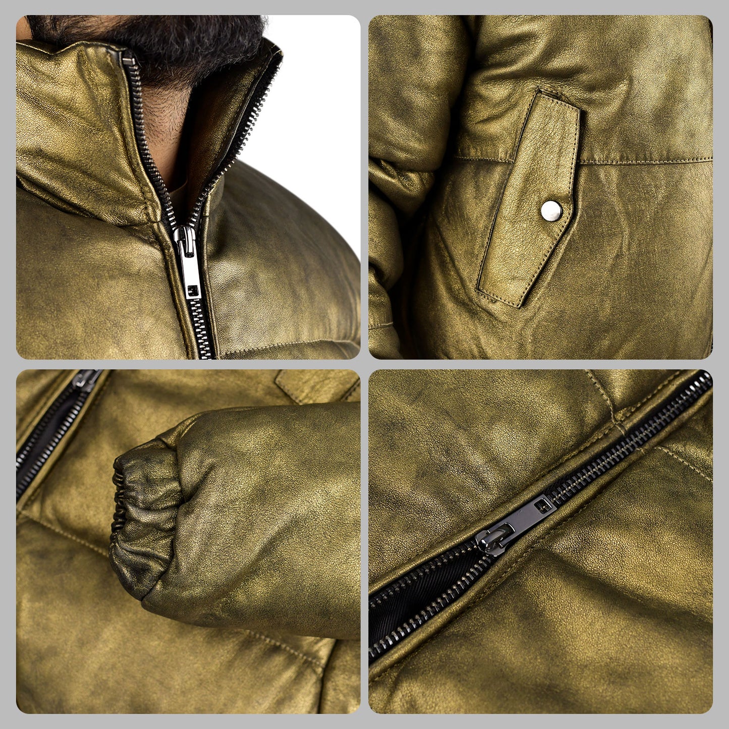 Metallic Gold Leather Jacket- Puffer Leather Jacket