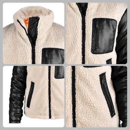 Sherpa Fleece Jacket with Black Leather Sleeves