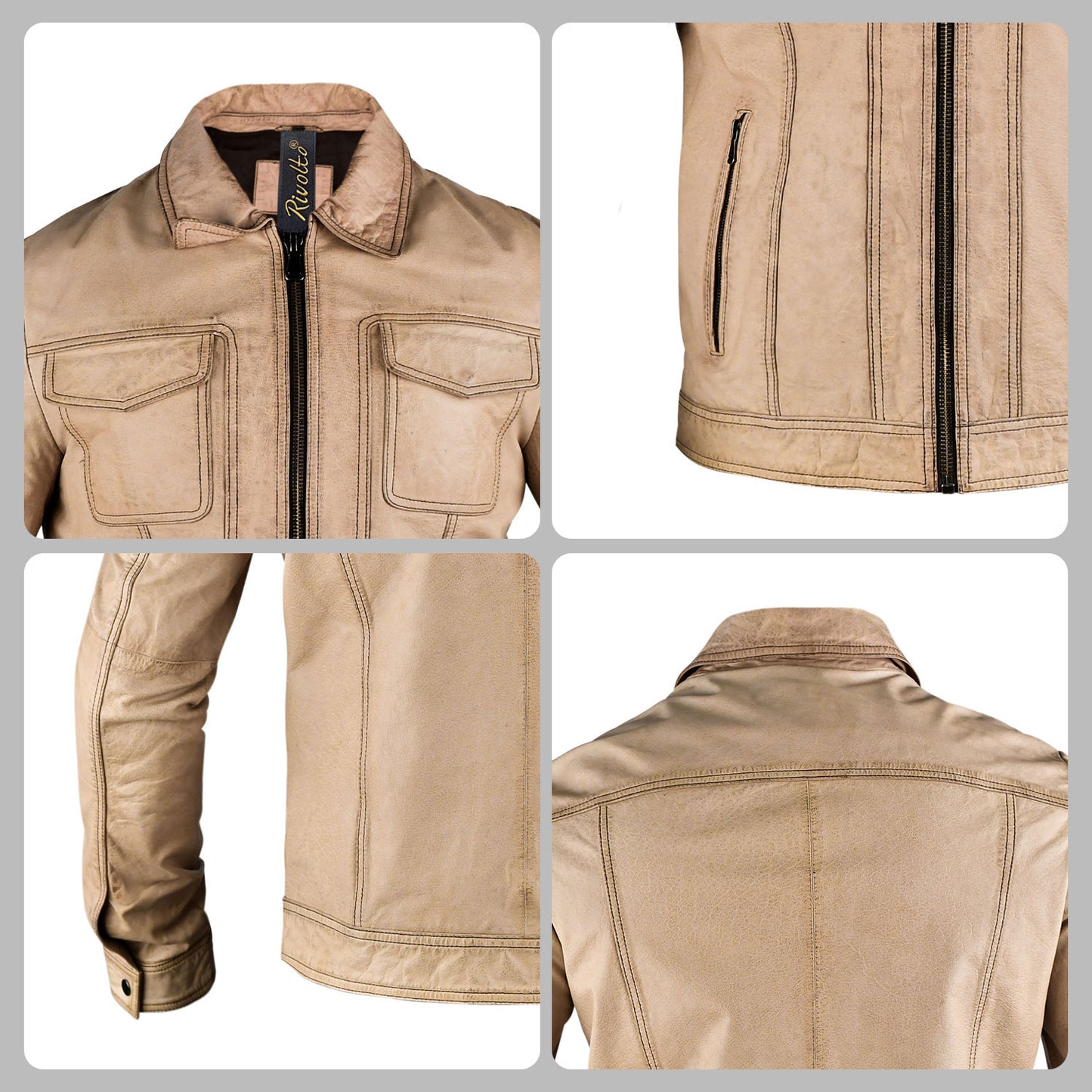 Beige Biker Leather Jacket For Men