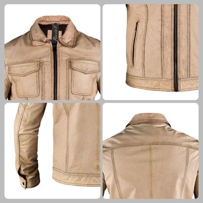 Beige Biker Leather Jacket For Men