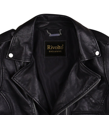 Black Cropped Biker Leather Jacket For Women