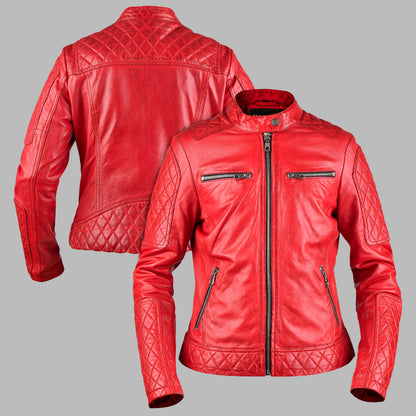 Red leather biker jacket For Womens