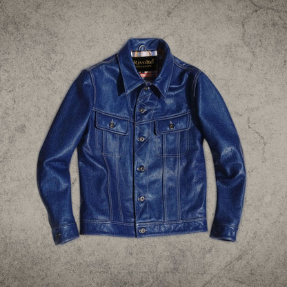 Denim Style Blue Leather Shirt Jacket