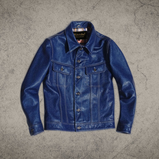 Denim Style Blue Leather Shirt Jacket