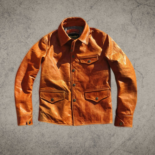 Japanese Inspired Tan Brown Leather Biker Jacket Shirt