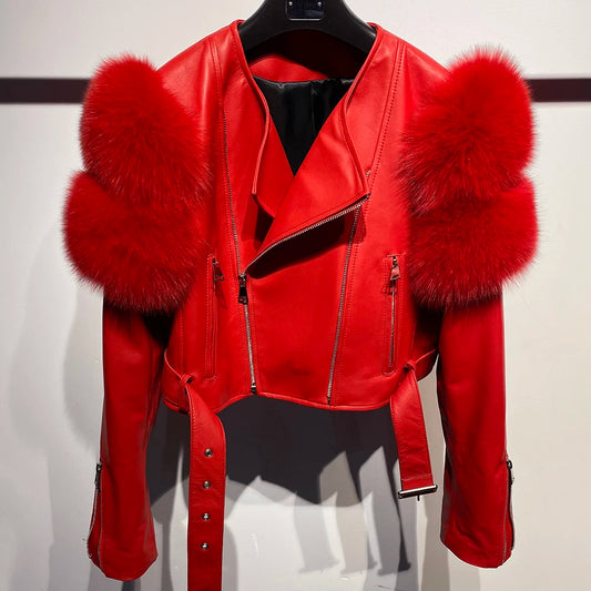 Womens Cropped Leather Jacket with Fur Sleeve