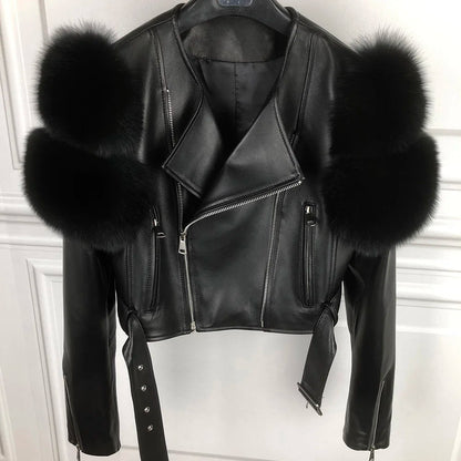 Womens Cropped Leather Jacket with Fur Sleeve
