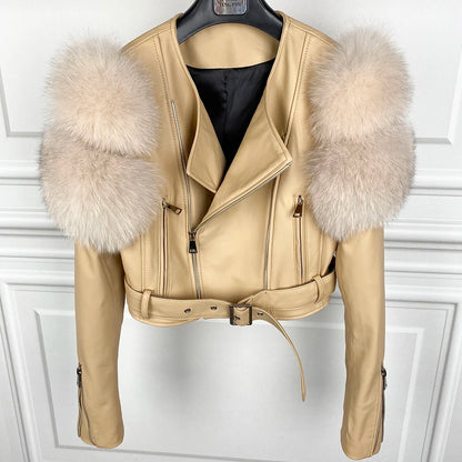 Womens Cropped Leather Jacket with Fur Sleeve