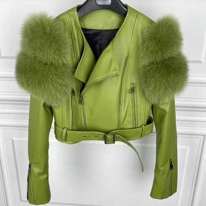 Womens Cropped Leather Jacket with Fur Sleeve