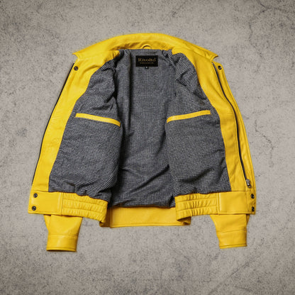 Yellow Leather Bomber Jacket For Women