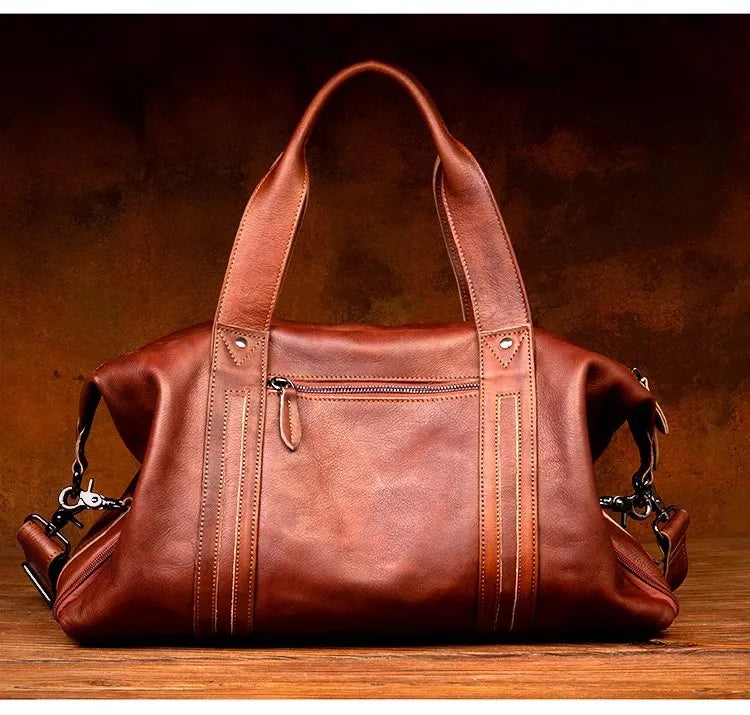 Unisex Redish Brown Leather Duffle Bag Carry On