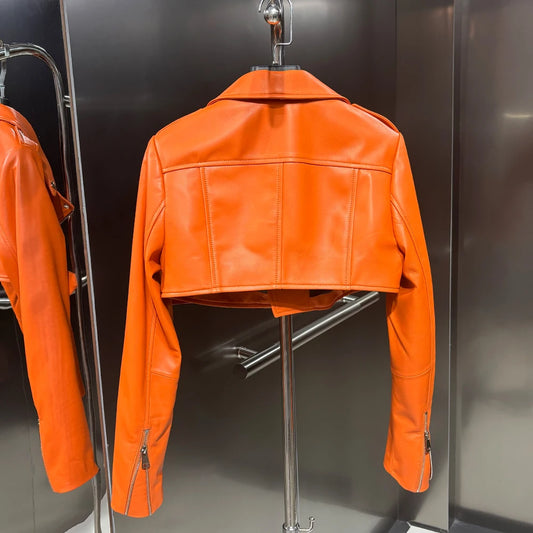 Women's Real Sheepskin Leather Jacket Short Cropped Jacket Autumn 2024