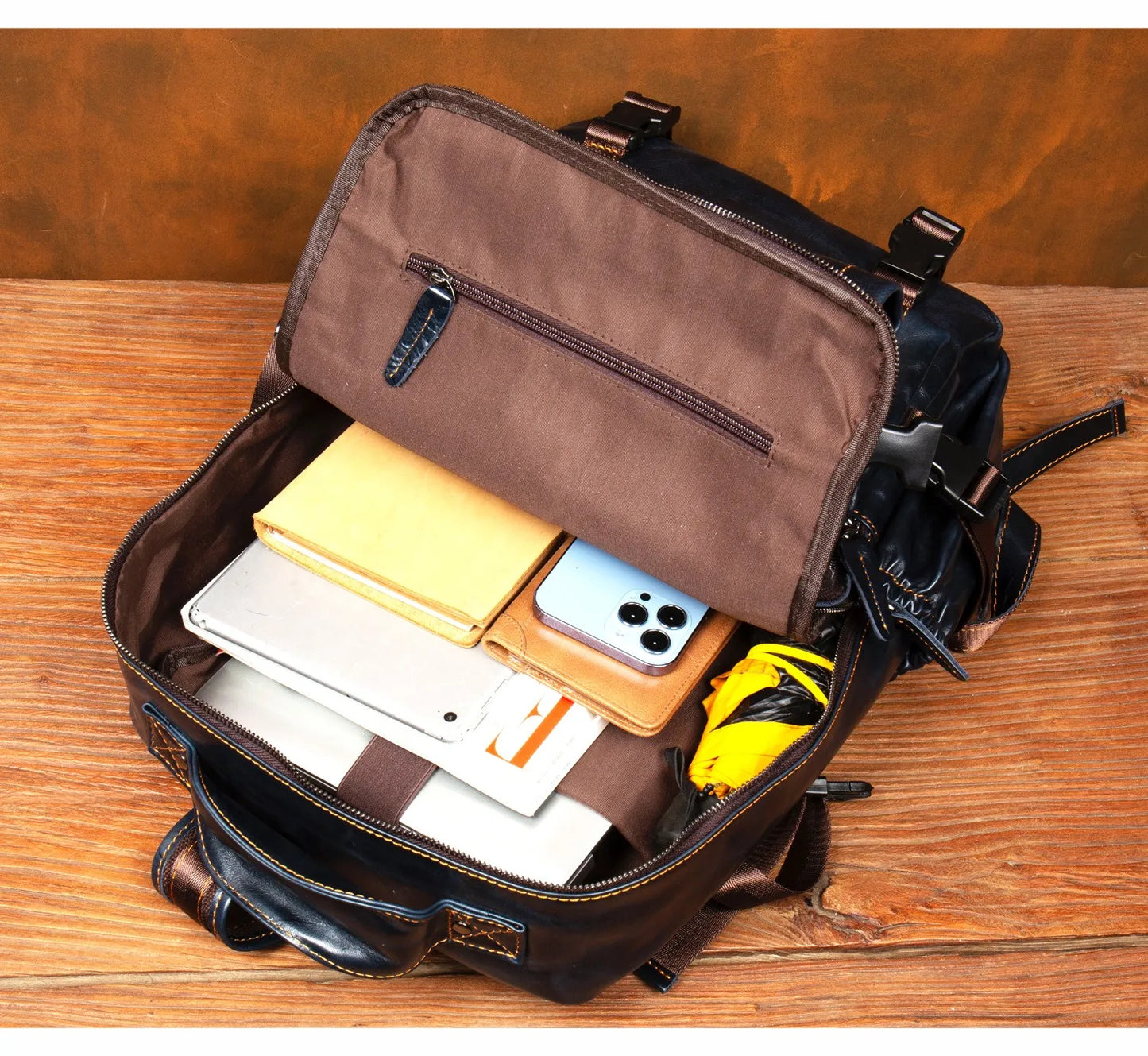Navy Blue Leather Rucksack Large Capacity Business Bag