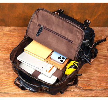 Navy Blue Leather Rucksack Large Capacity Business Bag
