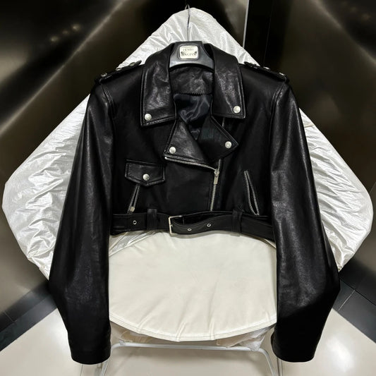 Women's black sheepskin leather jacket 2024 custom leather jacket real leather motorcycle jacket