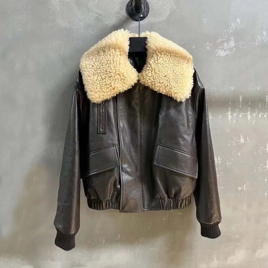 Black Leather Jacket Fur Collar Women