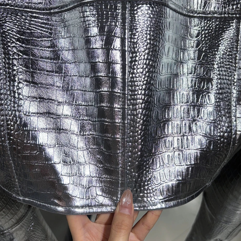 2025 Autumn Silver Shinny Leather Jacket Ladies Real Sheepskin Jacket Women Lambskin Cloth Short