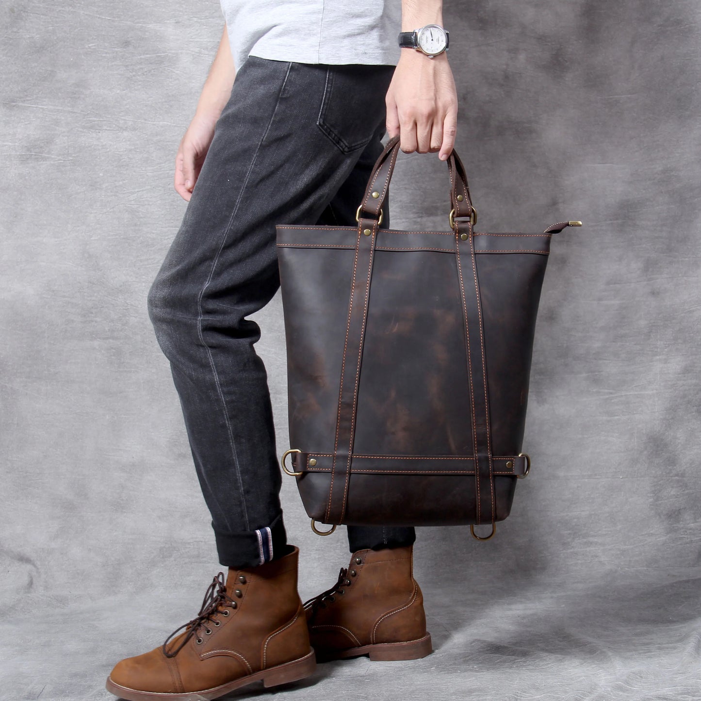 Unisex Leather Convertible Backpack and Shoulder Bag