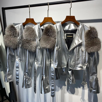 Womens Cropped Leather Jacket with Fur Sleeve