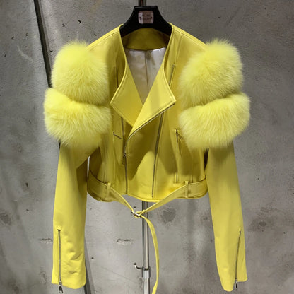 Womens Cropped Leather Jacket with Fur Sleeve