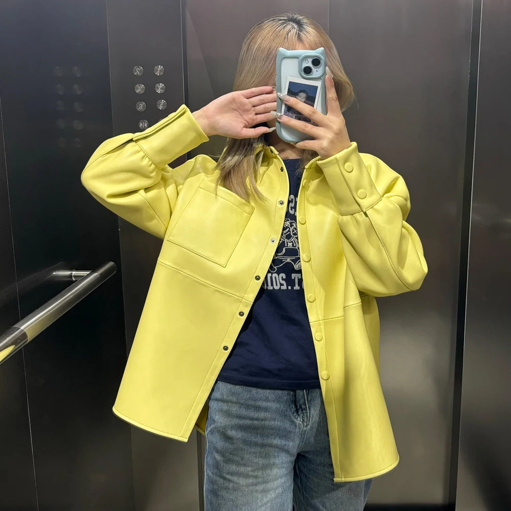 Bright Yellow Leather Shirt Women Real Sheepskin Jackets Leather Oversized Leather Jacket 2025
