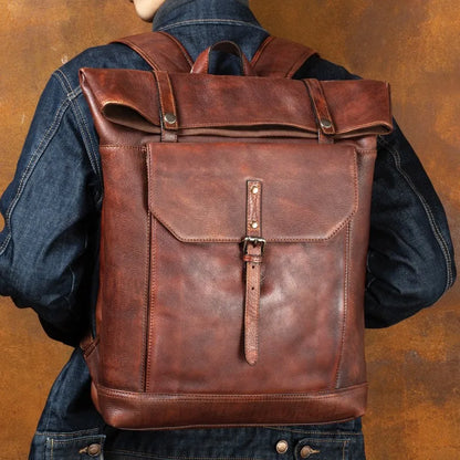 Vegetable Tanned Large Capicity Leather Brown Rucksack