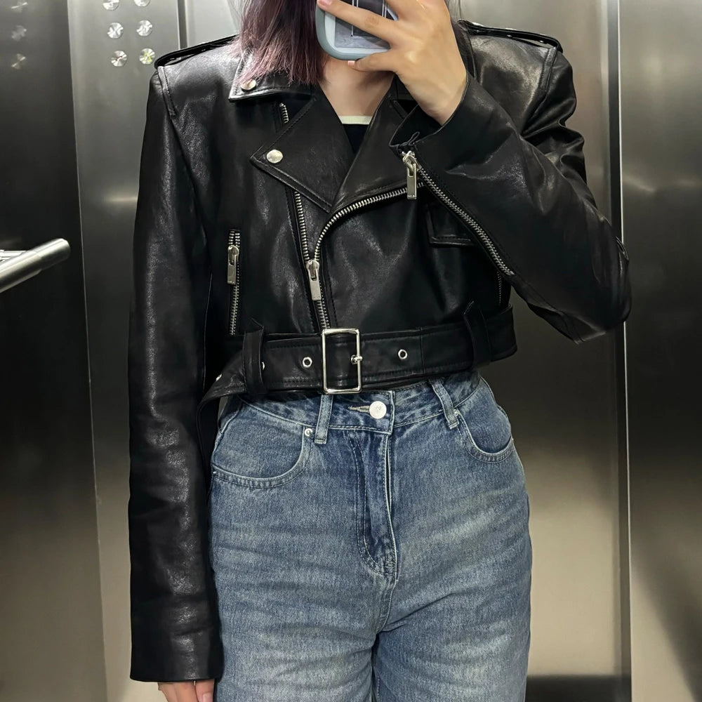 Women's black sheepskin leather jacket 2024 custom leather jacket real leather motorcycle jacket