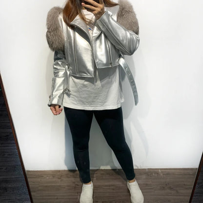 Womens Cropped Leather Jacket with Fur Sleeve