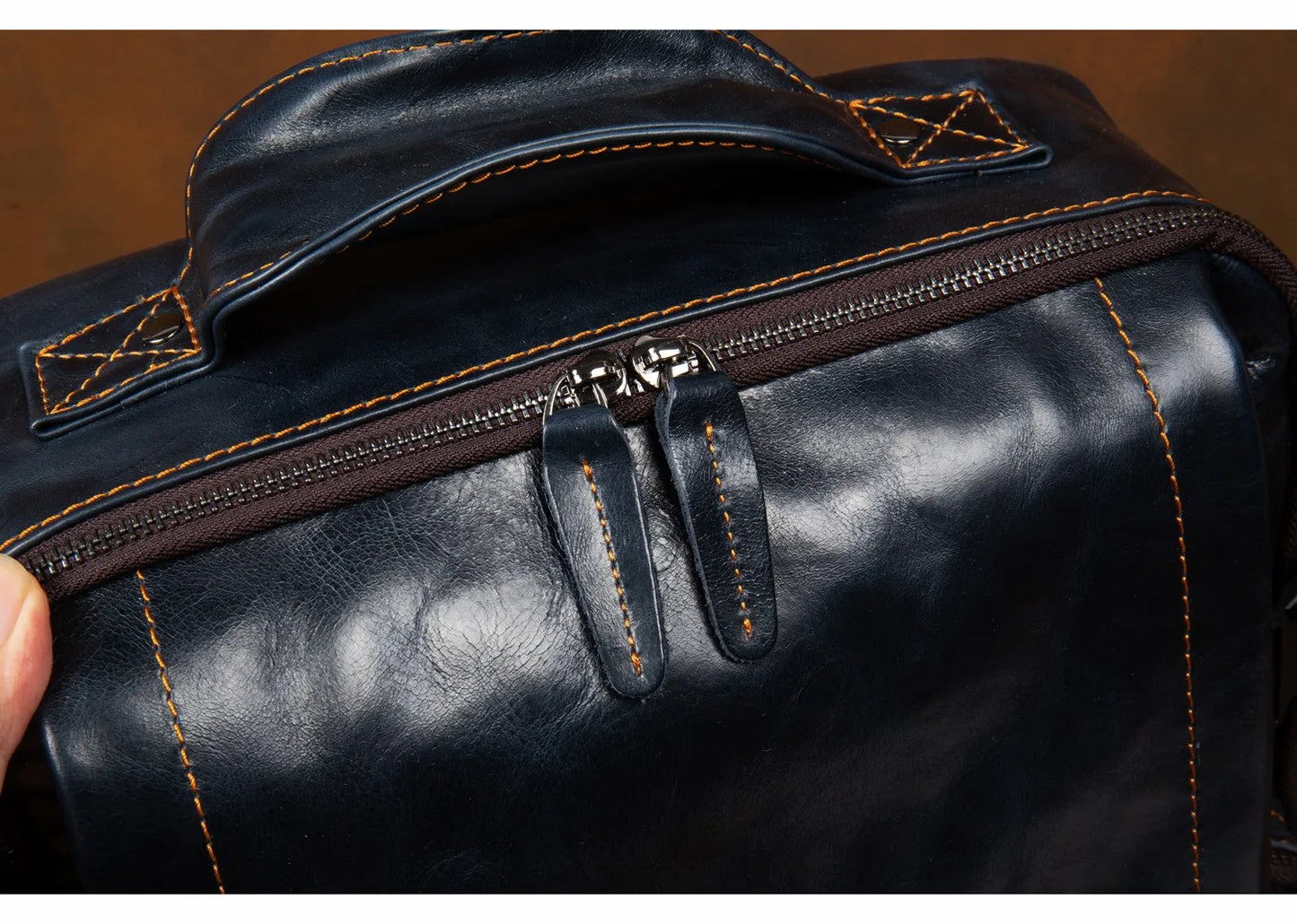 Navy Blue Leather Rucksack Large Capacity Business Bag