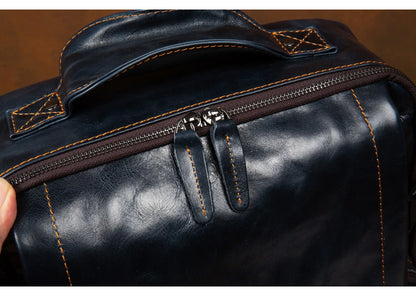 Navy Blue Leather Rucksack Large Capacity Business Bag