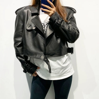 Womens Cropped Leather Biker Jacket