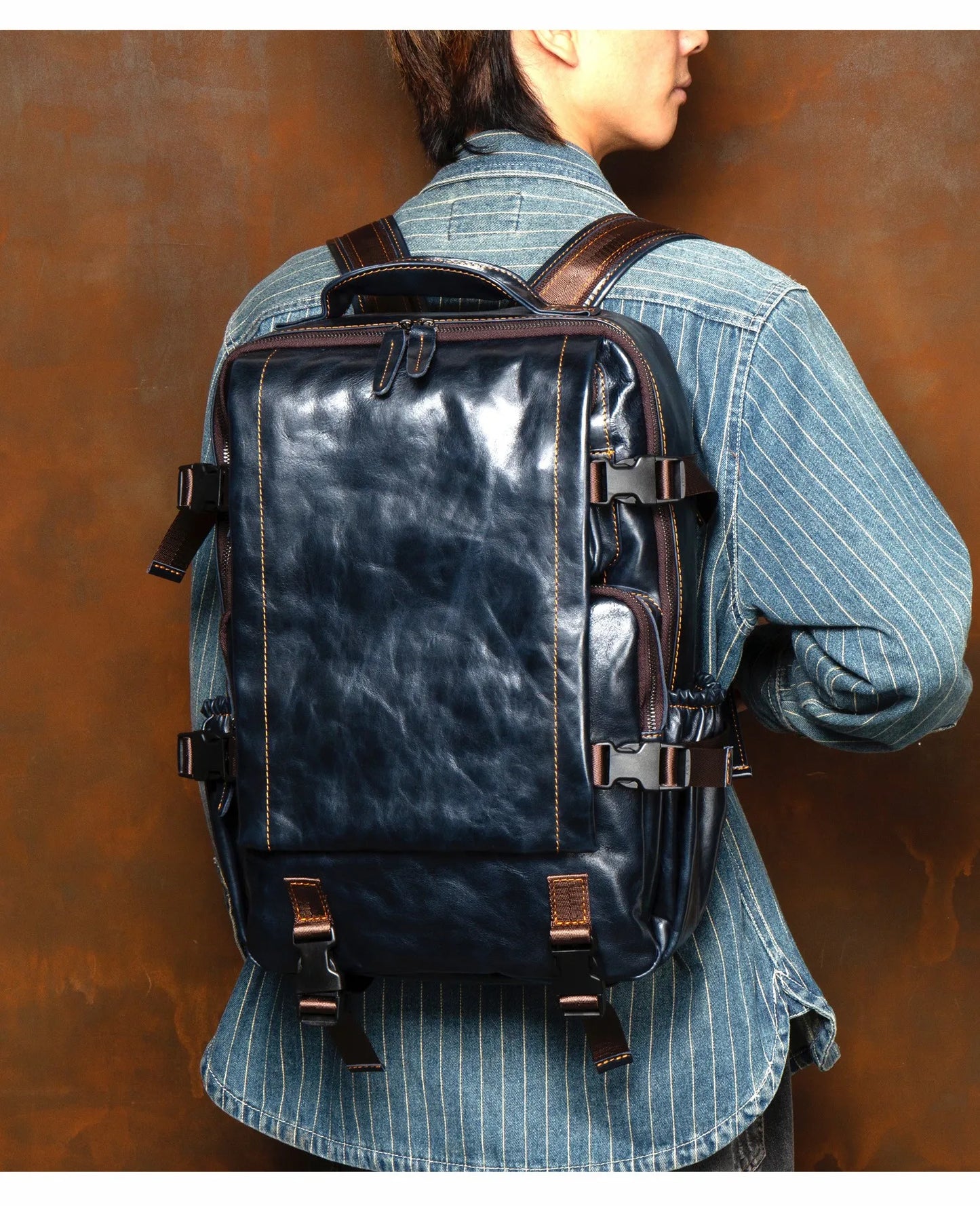 Navy Blue Leather Rucksack Large Capacity Business Bag