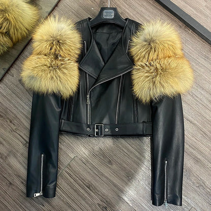 Womens Cropped Leather Jacket with Fur Sleeve