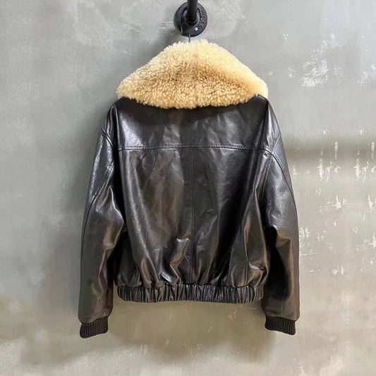 Black Leather Jacket Fur Collar Women