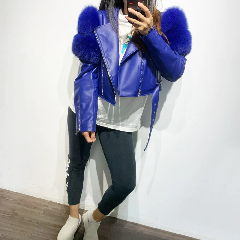 Womens Cropped Leather Jacket with Fur Sleeve