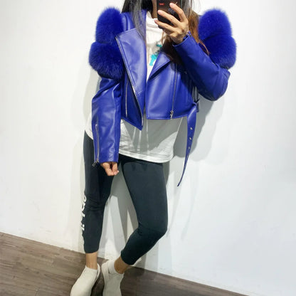 Womens Cropped Leather Jacket with Fur Sleeve