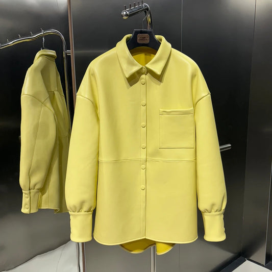 Bright Yellow Leather Shirt Women Real Sheepskin Jackets Leather Oversized Leather Jacket 2025