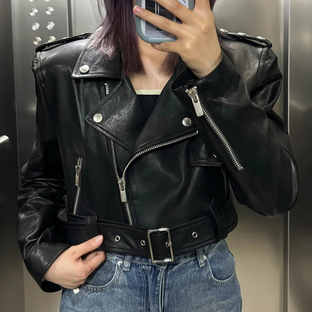 Women's black sheepskin leather jacket 2024 custom leather jacket real leather motorcycle jacket