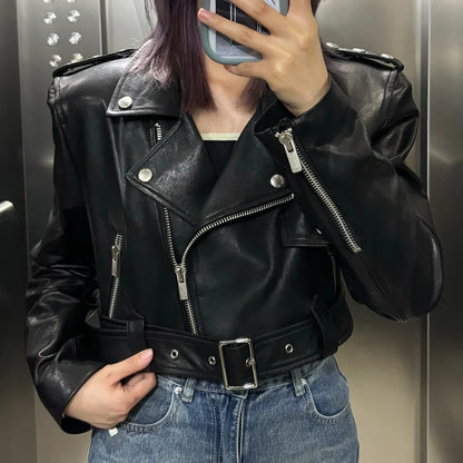 Women's black sheepskin leather jacket 2024 custom leather jacket real leather motorcycle jacket